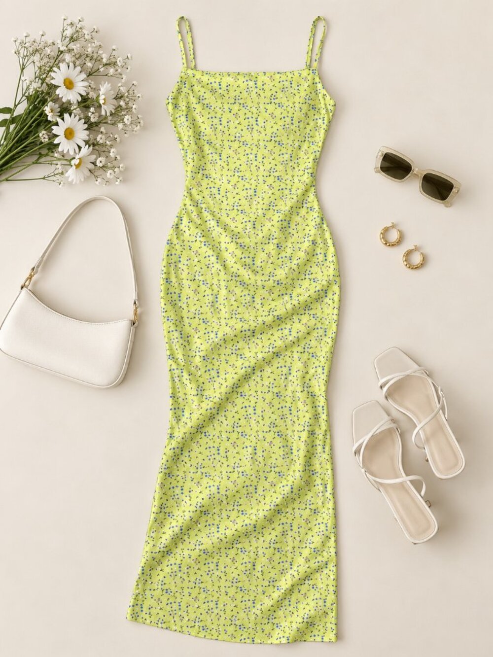 Y2K Lime Green Ditsy Floral Bodycon Maxi Dress Spaghetti Strap S